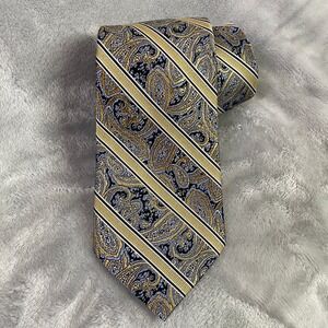 Pronto Uomo Couture Necktie Mens OS Gold Navy Paisley Striped Silk Hand Made Tie